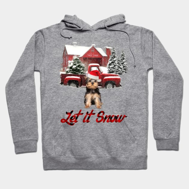 Yorkshire Terrier Let It Snow Tree Farm Red Truck Christmas Hoodie by Gearlds Leonia